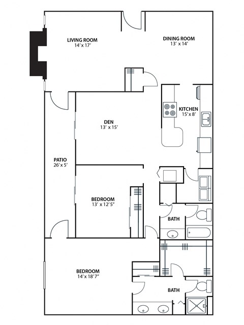 Floor plan for 2 beds, 2 baths, 1780 sqft